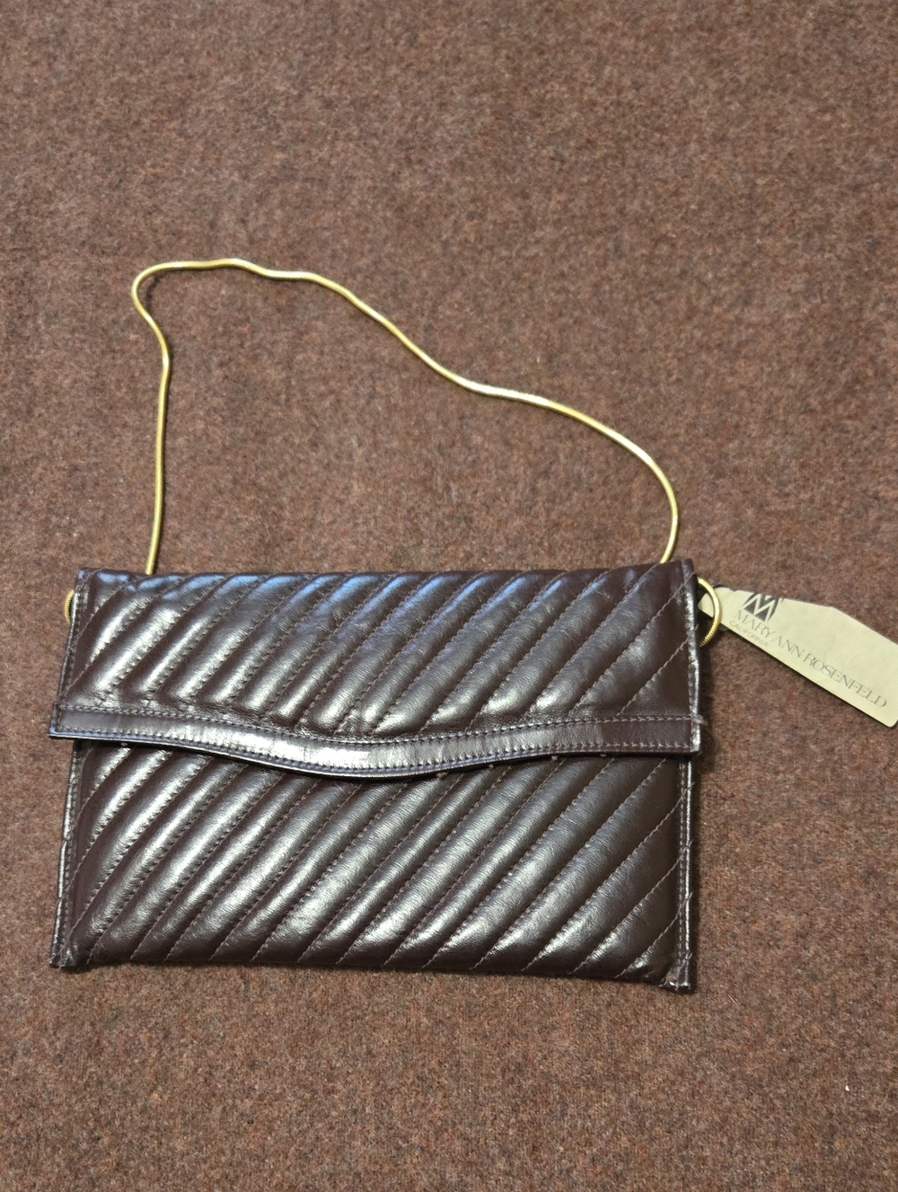 Mary Ann Rosenfeld Bag Brown Faux Leather Goldtone Chain Used, With Tag Attched